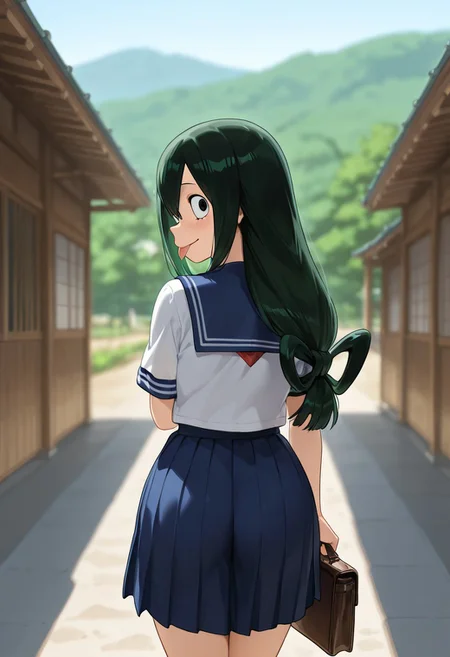 masterpiece, best quality, amazing quality, very aesthetic, high resolution, ultra-detailed, absurdres, newest, scenery,
asui_tsuyu_mha_illust, tongue, green hair, school girl uniform, holding purse, outside, Japanese village, from behind, looking at viewer
BREAK, detailed background, detailed hair, depth of field