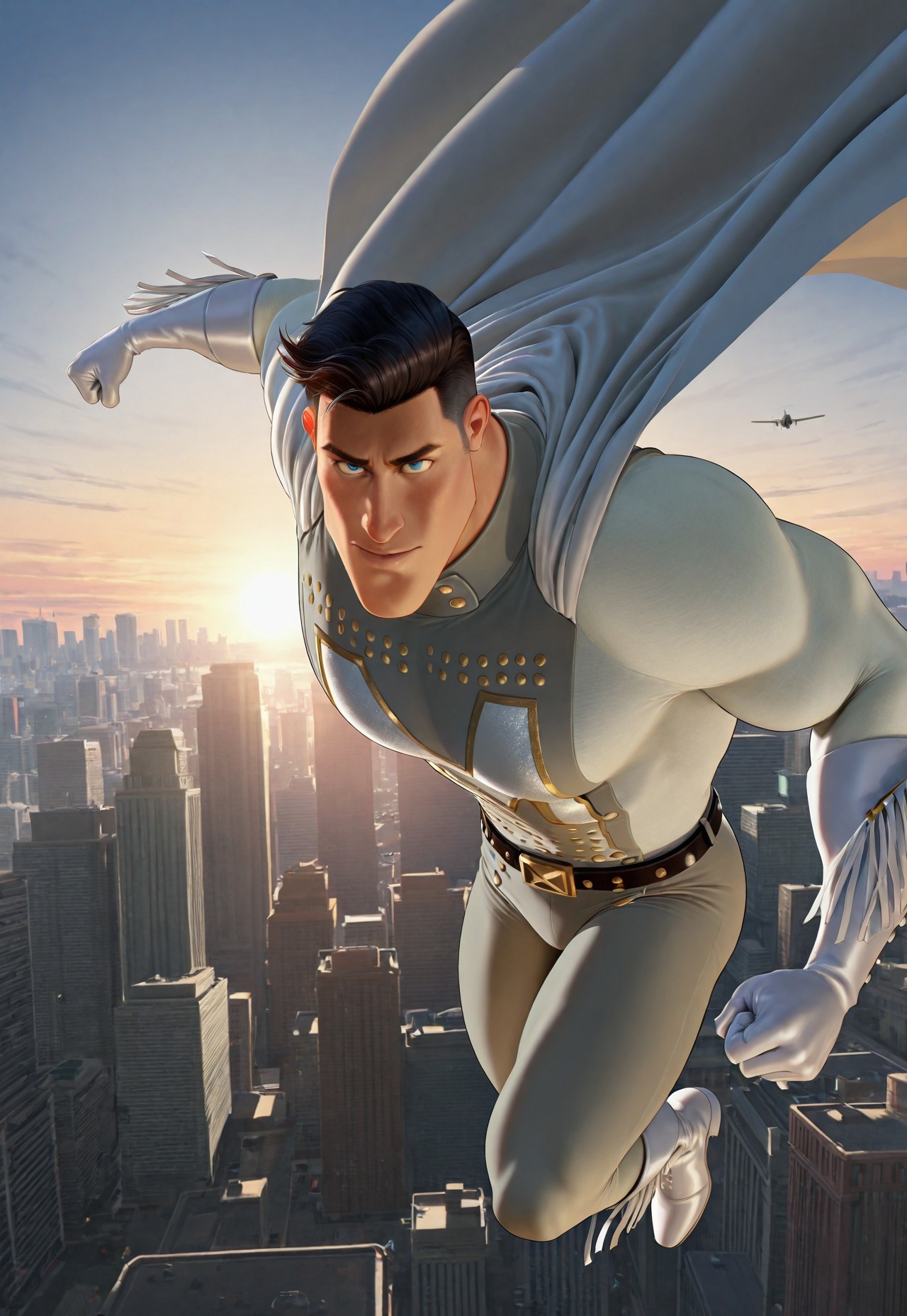 masterpiece, best quality, amazing quality, detailed background, intricate details, dynamic, cinematic, animated, anime realistic shading, solo, male focus, 1boy, handsome, m3tr0, dark hair, white sideburns, pompadour, blue eyes, muscular male, white and grey bodysuit, cape, white gloves, white boots, fringed gloves, fringed boots, belt, flying, flight, action shot, cityscape background, sun set