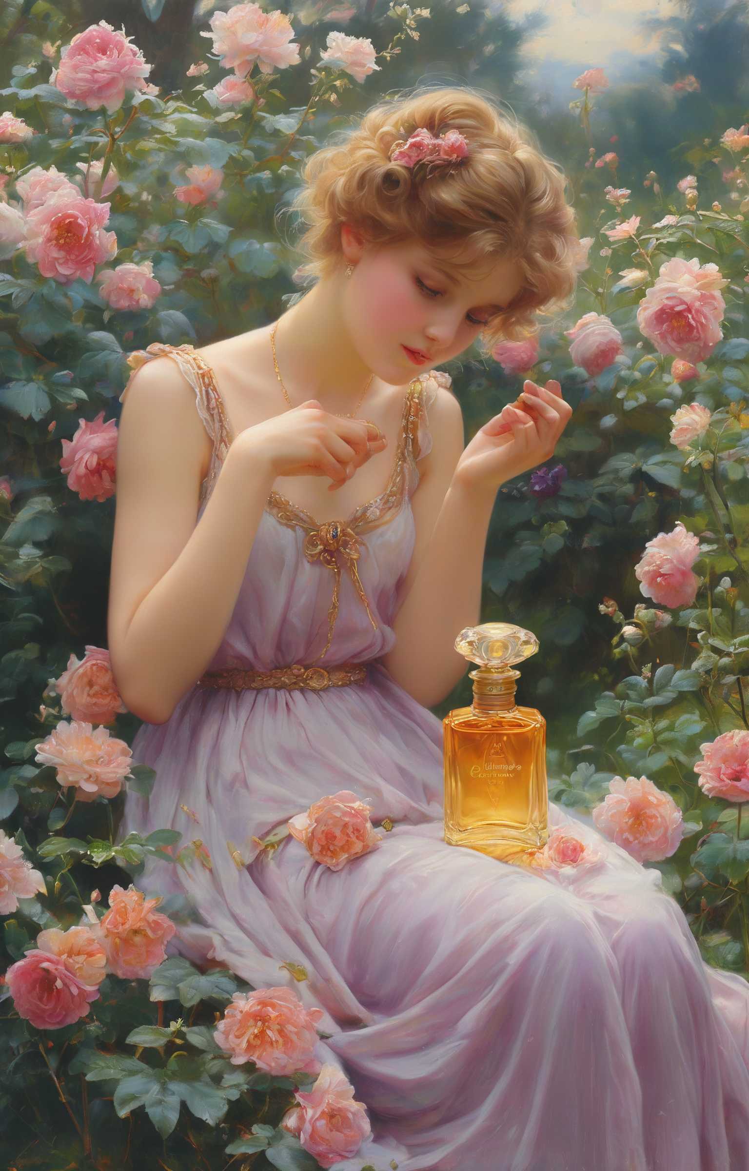 masterpiece,best quality,<lora:tbh270-sdxl:0.9>,illustration,style of Guillaume Seignac A bottle of perfume in garden