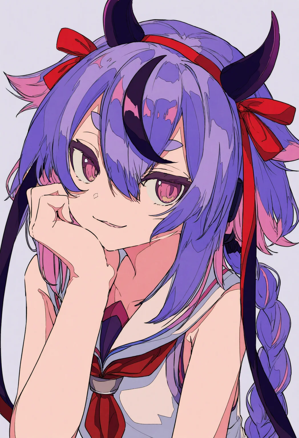 1other, meika mikoto, gynoid talk, vocaloid,
:3, black hair, black ribbon, braid, braided ponytail, hair ribbon, hand on own chin, horn hairband, long hair, looking at viewer, multicolored hair, neckerchief, other focus, parted lips, pink eyes, purple hair, red neckerchief, red ribbon, ribbon, sailor collar, shirt, sidelocks, simple background, sleeveless, sleeveless shirt, smirk, solo, streaked hair, white background, white sailor collar, white shirt, head rest, horns, upper body, hand on own face,
.
masterpiece, best quality, very aesthetic, absurdres
<lora:ç¦è¶forNoob:0.95>