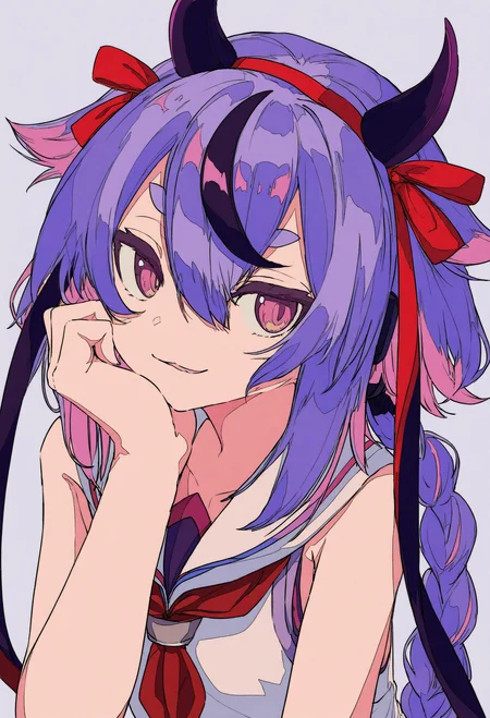 1other, meika mikoto, gynoid talk, vocaloid,
:3, black hair, black ribbon, braid, braided ponytail, hair ribbon, hand on own chin, horn hairband, long hair, looking at viewer, multicolored hair, neckerchief, other focus, parted lips, pink eyes, purple hair, red neckerchief, red ribbon, ribbon, sailor collar, shirt, sidelocks, simple background, sleeveless, sleeveless shirt, smirk, solo, streaked hair, white background, white sailor collar, white shirt, head rest, horns, upper body, hand on own face,
.
masterpiece, best quality, very aesthetic, absurdres
<lora:ç¦è¶forNoob:0.95>