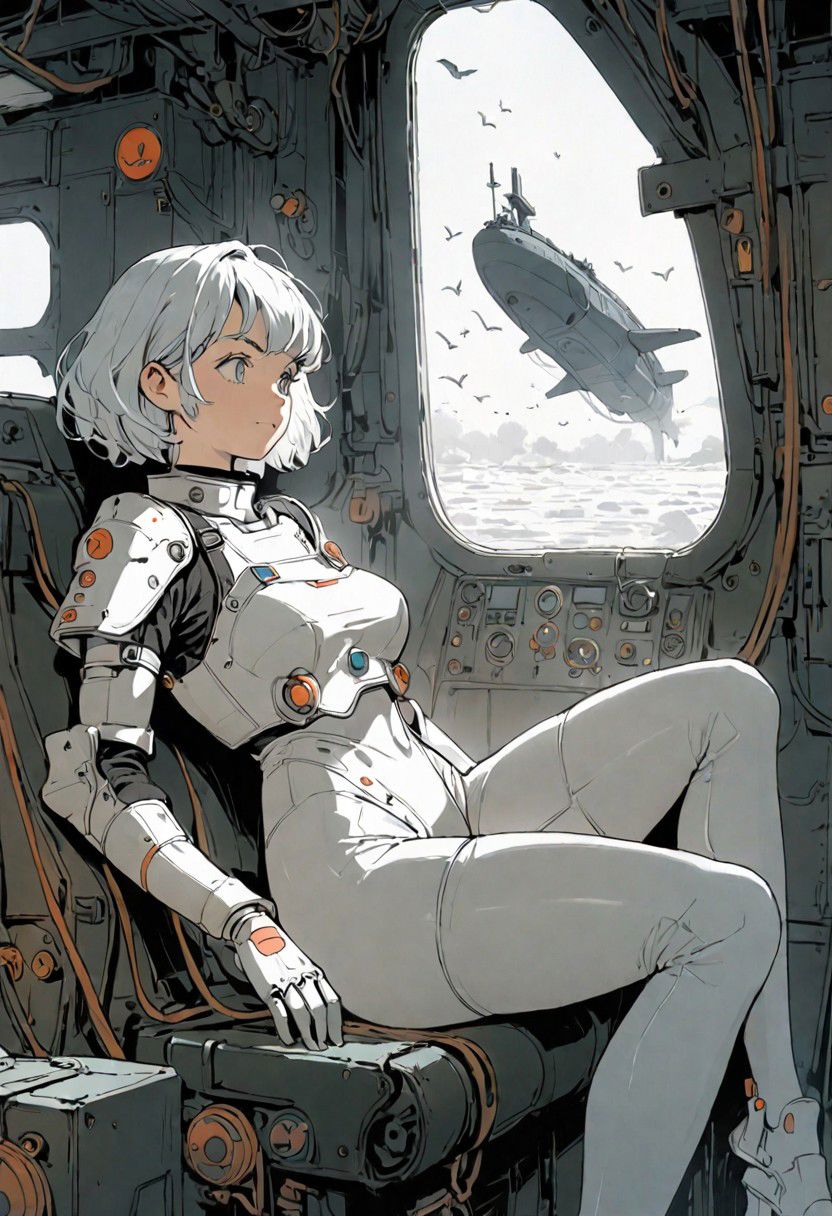 Black and white lineart 90's vintage manga, a woman with short hair in shorts sitting in a submarine cockpit, wearing a ripped spacesuit armor, big breasts. Detailed art, super fine line art 90's vintage, bulma, looking out the window, ghibli, moebius, tsutomu nihei. Powerful pose, speed lines, birds are flying around, industrial architecture, pulsating veins and pipes and tunnels, walkways, rust, fog, foggy, ancient superstructures