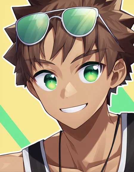 score_8, score_8_up, score_7_up, score_6_up, source_anime, yellow background, white outline, upper body, 1boy, solo, brown hair, green eyes, tank top, tan, smile, sunglasses on head <lora:rukiruki_AMXL_v1e-ShoAI:1>
