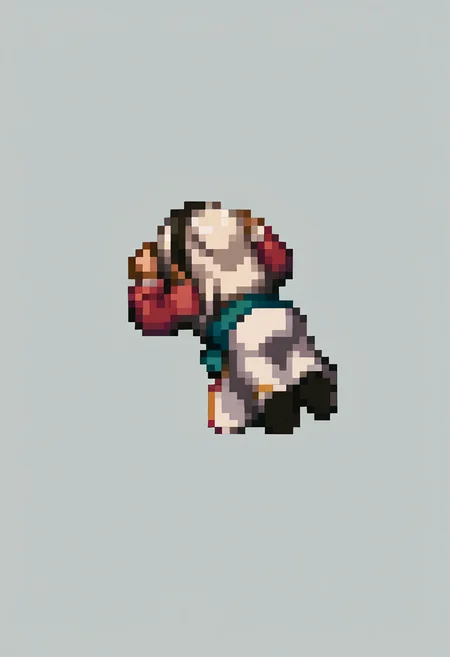 score_9, score_8_up, score_7_up, source_anime, BREAK, solo, 1girl, <lora:FFT-SpritesV2-pdxl_Fp:1>, full body, lying, head down, pixel art, <lora:elie-pdxl-nvwls-v2:1>, zeroElie, black hairband, hair ribbon, long hair, ascot, uniform, long red sleeves, white dress, white hair, from behind, from side,