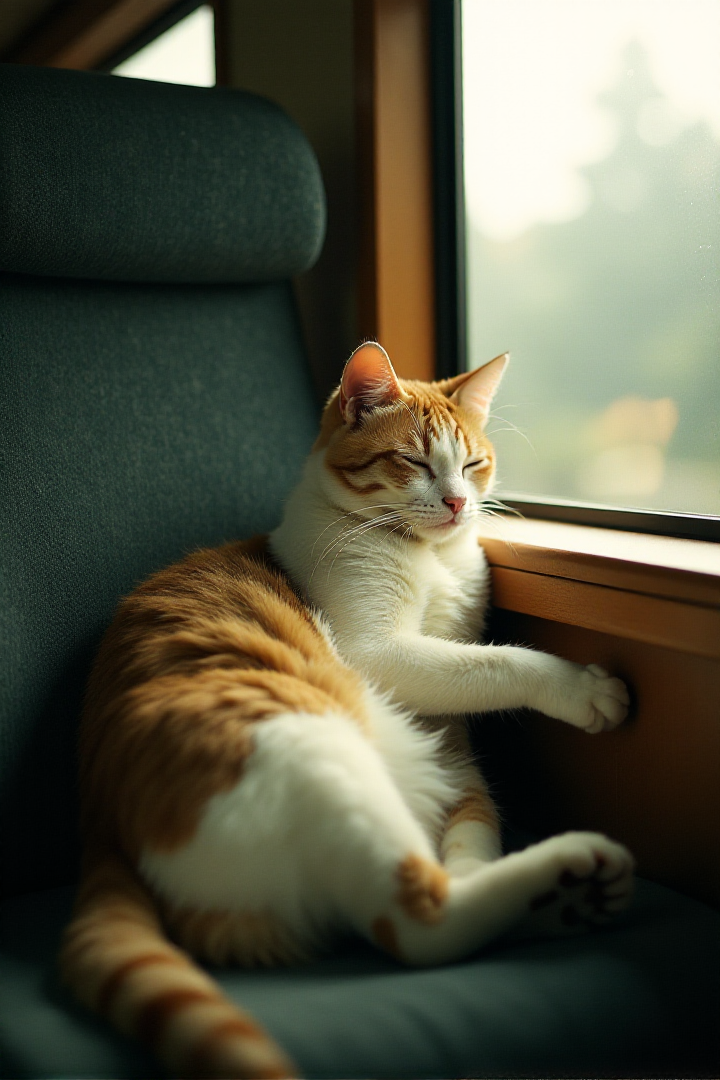 Japanese Culture Style, Emotional Photos, 35mm film, soft focus, Japanese cat sleeping on a train seat, Warm atmosphereâââ