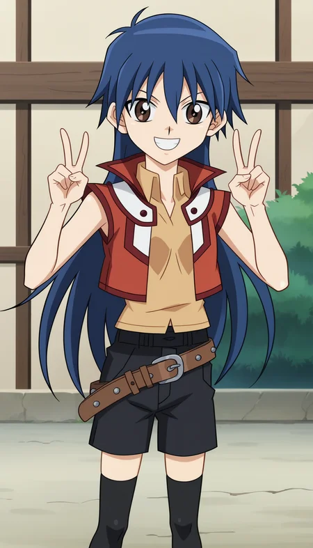 outdoors,
 <lora:BlairSDXL_1:1>,blairf, 1girl,solo, long hair, blue hair, sleeveless jacket, sleeveless shirt, brown eyes, grin, brown belt, hair between eyes, looking at viewer, black thighhighs, standing, black shorts,cowboy shot,double v, ,skinny, 
anime screencap, anime coloring, official art,