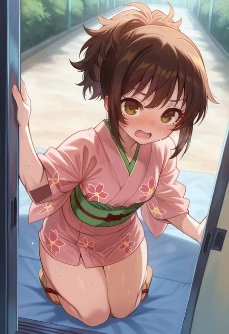 1girl, solo, brown eyes, medium breast, thick thighs,  blush , sweating , extreme detail ,small breast , cute female face, beautiful face, perfect face, , 1girl,Brown hair, brown eyes, short hair, ponytail, Japanese clothes, pink kimono, sash, obi, 1girl, young, cute, extremely cute, petite, perfect young face, small breasts, blush, open mouth, looking at viewer, park outdoors, BREAK ((ultra-detailed)), ((best quality)), ((beautiful eyes)), ((extremely detailed)), 4K, (8K), best quality, (beautiful), Master piece, highres, best quality, official art, highres, masterpiece, detailed background, high quality background, flat color, full body , short dress, sandals