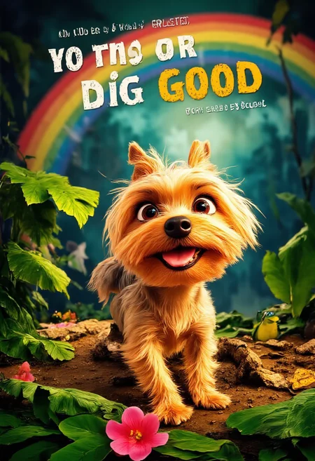 The image shows a vibrant, animated movie poster inspired by the whimsical style of a Pixar film, with a charming Yorkshire Terrier named Allab taking center stage. Allab, with her soft, golden fur and twinkling, expressive eyes, is depicted in a playful stance, ready to strike a pose. Instead of barking, she's wearing a mischievous grin, with her tiny, pink tongue peeking out. Behind her, a lush, verdant jungle unfurls, teeming with life - colorful birds, curious monkeys, and even a friendly, winking frog peeking from behind a giant leaf. The title, "The Good Dog," is written in bold, playful letters, reminiscent of Pixar's iconic typography, arching over Allab like a rainbow, with each letter subtly animated, as if wagging with life. Below, a warm, inviting glow emanates from a cozy, earthen burrow, hinting at the heartwarming adventures and lessons Allab, our unlikely hero, is about to embark on. aidmatextimprover