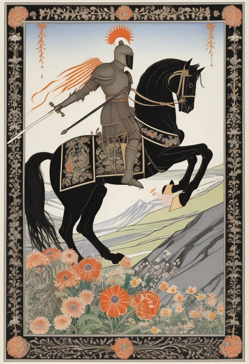 Knight with winged helmet, charging on black horse, sword, shield, mountain, flowers, border, color, illustration, Kay Nielsen, <lora:Kay_Nielsen_Style-000005:0.75>
