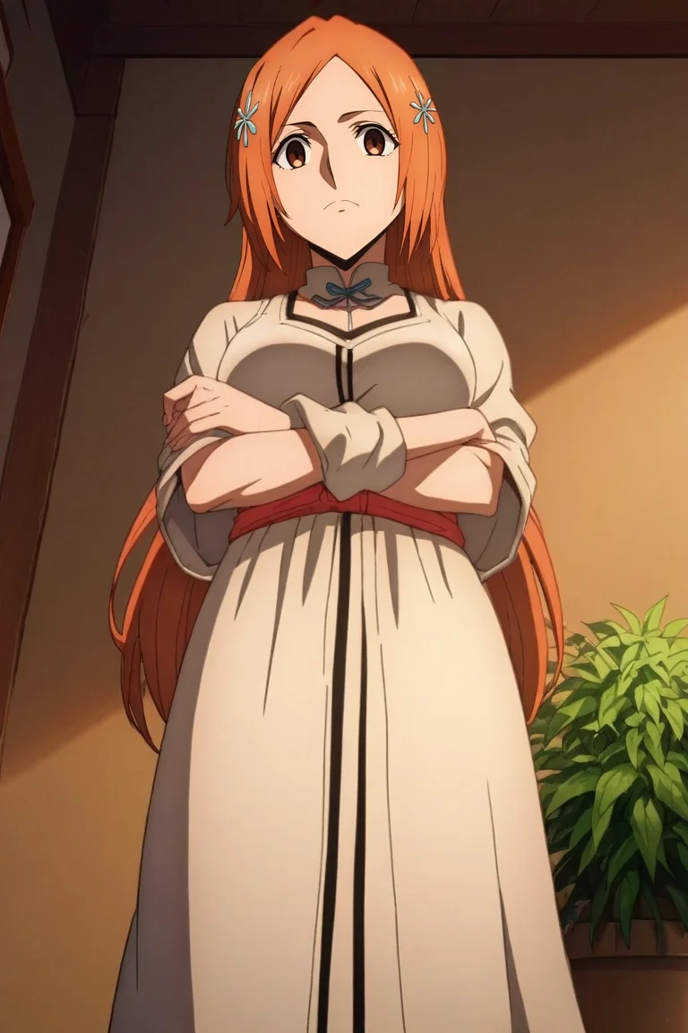 zPDXL, score_9, score_8_up, score_7_up, source_anime, anime screencap, rating_safe, , looking at viewer, , 1girl, inoue orihime, bleach, orange hair, brown eyes, solo, from below, living room, plant, day, sunny, crossed arms, giggling, <lora:fate_go_style_pony:1.1>, fate_go_style, , <lora:sdxl_lightning_8step_lora:1>