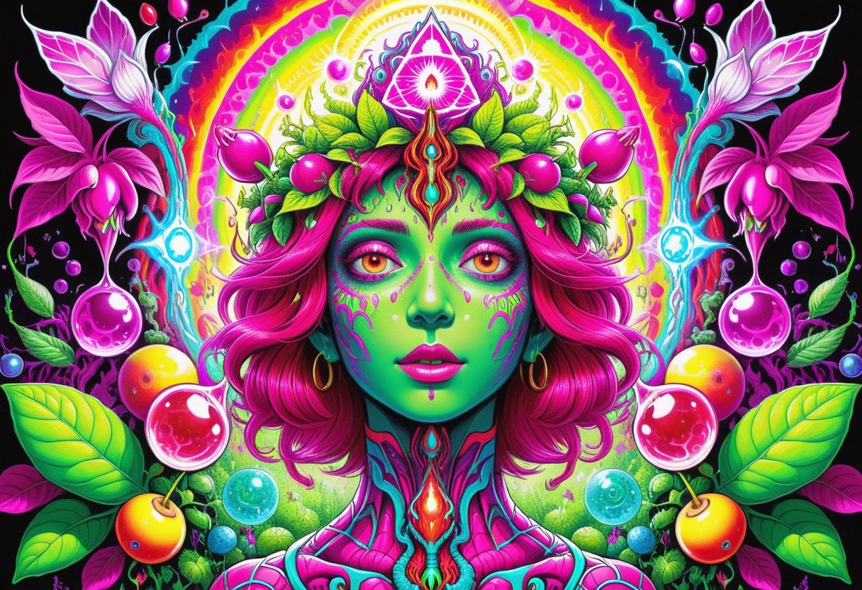 <lora:Projext_X2:1> trippy, lsd-art, acid-art, Alpha Fiend with magenta fuchsias crimson-red dark-purple yellow dark-gray and glowing green color palette
