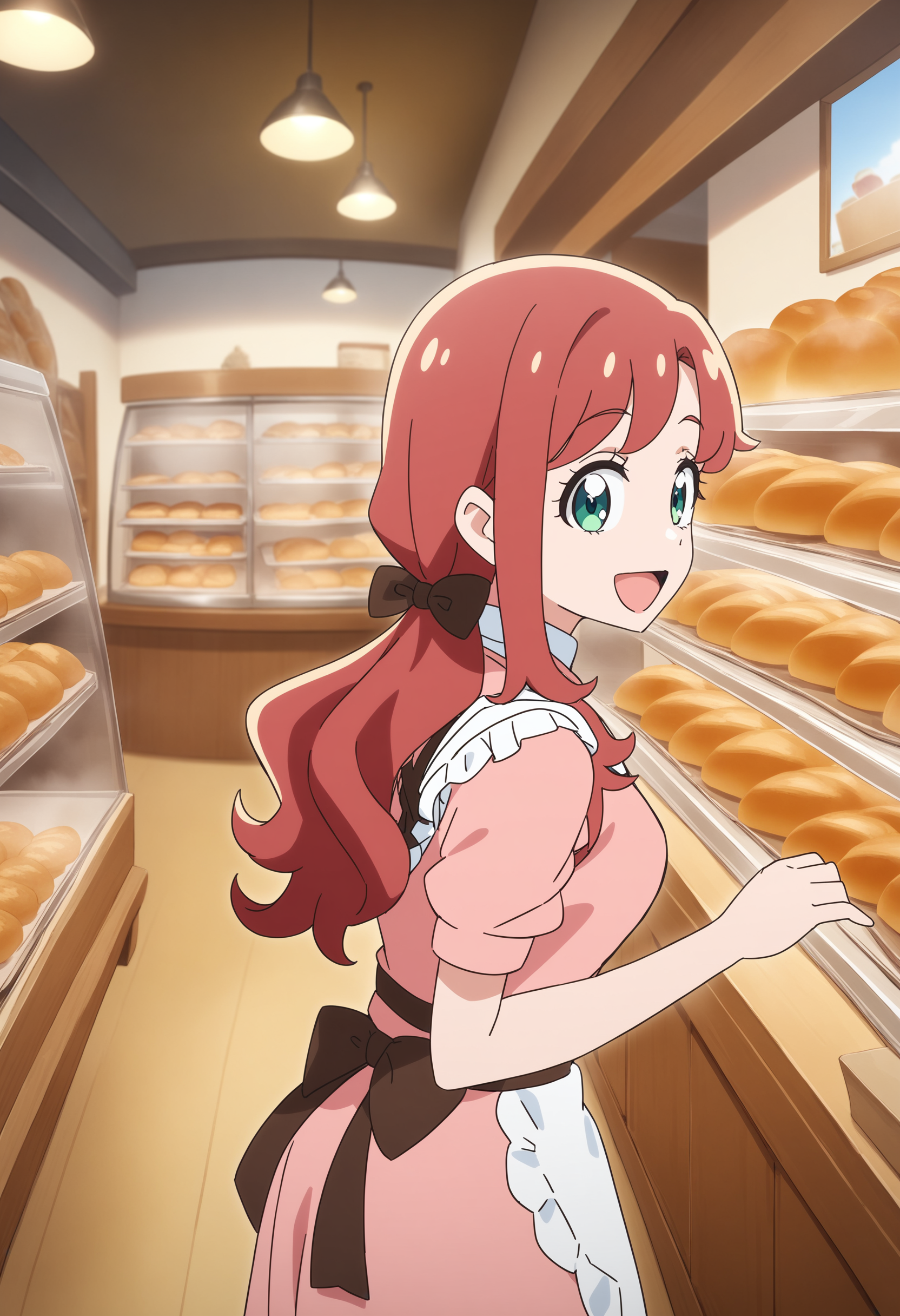 1girl, inukai youko, wonderful precure!, long hair, red hair, green eyes, makeup, <lora:youko_XL_v1:0.5>
from side, fisheye lens, looking back, crazy smile, bakery, open mouth, dirndl,bow-shaped hair,,
masterpiece,best quality, very aesthetic, absurdres