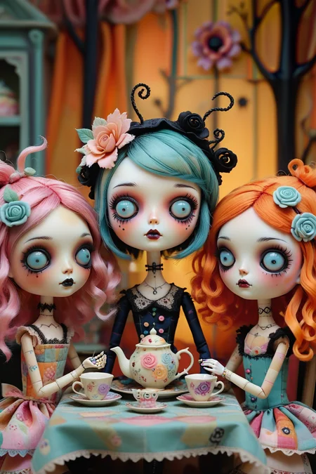 Imagine a whimsical tea party with a group of adorable patchwork dolls â each with their own unique personality and style,the dolls have bright vibrant colors and an endearing expressions with patchwork faces and flowing hair in the enchanting world of Mab Graves.colorful outfits,intricate stitching,and sweet treats that adorn the table,creating a spooky & sureal scene,<lora:TQ_-_Puppet_Dolls_In_Danger:0.8>,