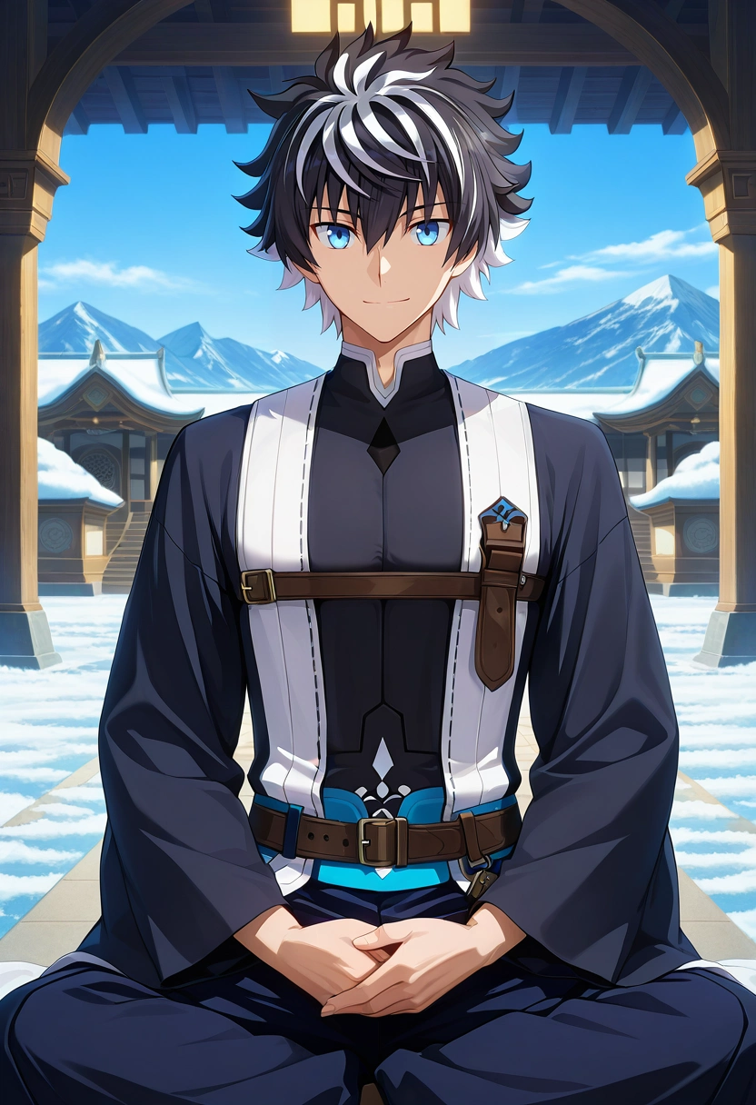 masterpiece, best quality, , anime screencap, anime coloring, , looking at viewer, 1boy, solo, male focus, <lora:charlemagne_fate_ilxl:0.96>, charlemagne_fate, black hair, blue eyes, multicolored hair, white hair, two-tone hair, short hair, hair between eyes, bangs, streaked hair, , mountain temple, stone halls, snow gardens, meditation rooms, peaceful pose, serene expression, morning, ,