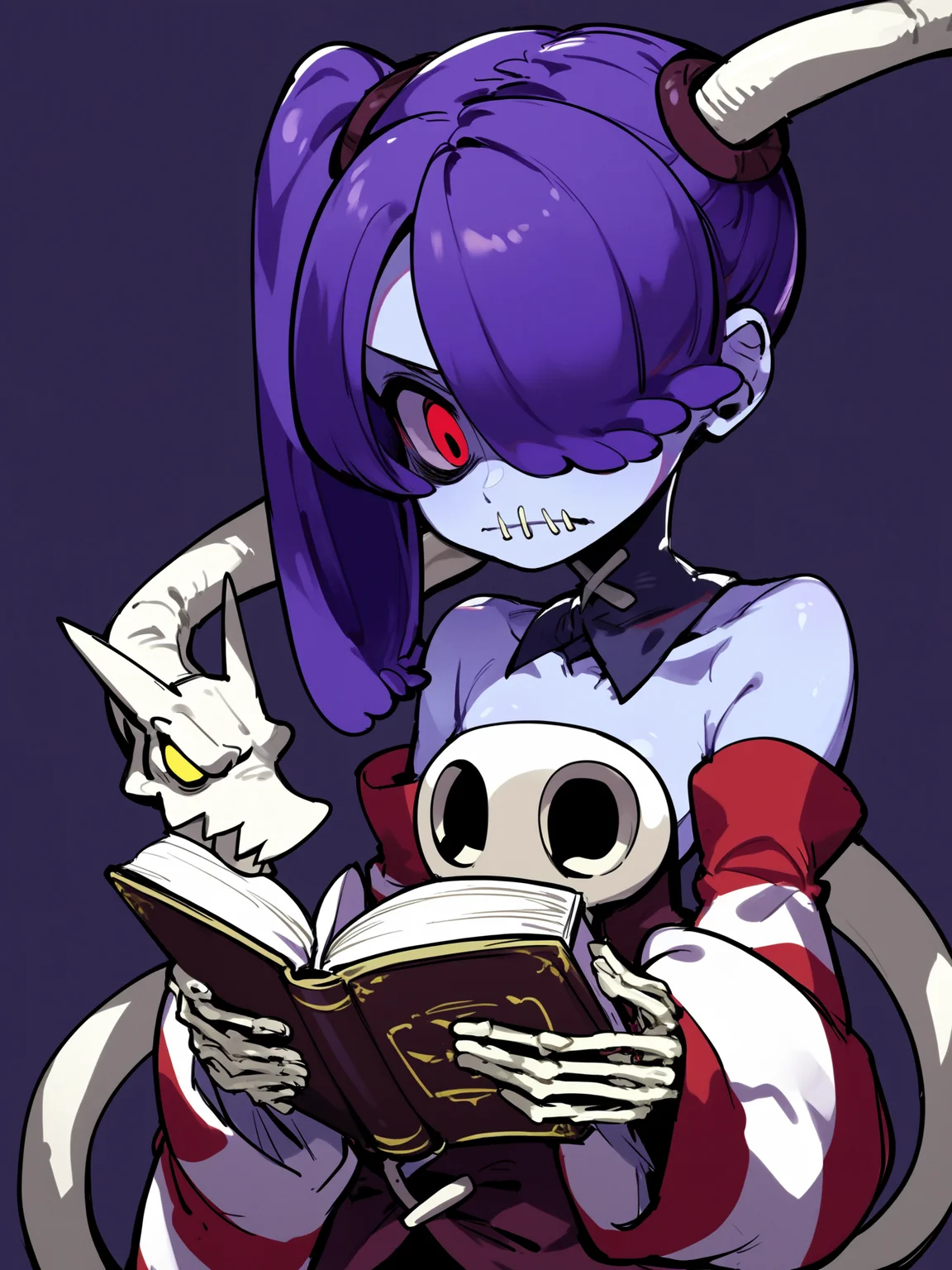score_9, score_8_up, score_7_up, score_6_up, score_5_up, score_4_up, rating_explicit,
BREAK
squigly, 1girl, solo, long hair, holding, bare shoulders, yellow eyes, purple hair, detached sleeves, twitter username, side ponytail, book, detached collar, holding book, skull, open book, blue skin, reading, stitches, zombie, striped sleeves, stitched mouth