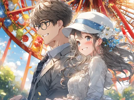 face focus, cute, masterpiece, best quality, a boy and a girl in a theme park, smiling, cute, flower, outdoors, ferris wheel, extremely detailed, ornaments, highest detailed, hair ornament, (a girl using white dress and white hat:1.3), (a boy wearing gray jacket, blue jeans and glasses:1.3), (cloud, sky:1.2), (full body:1.5), (low view:1.5), petals, bangs, hair flower, long hair, earrings, amusement, trees, colorful background, highest detailed, (dynamic pose), (shadows:1.5)