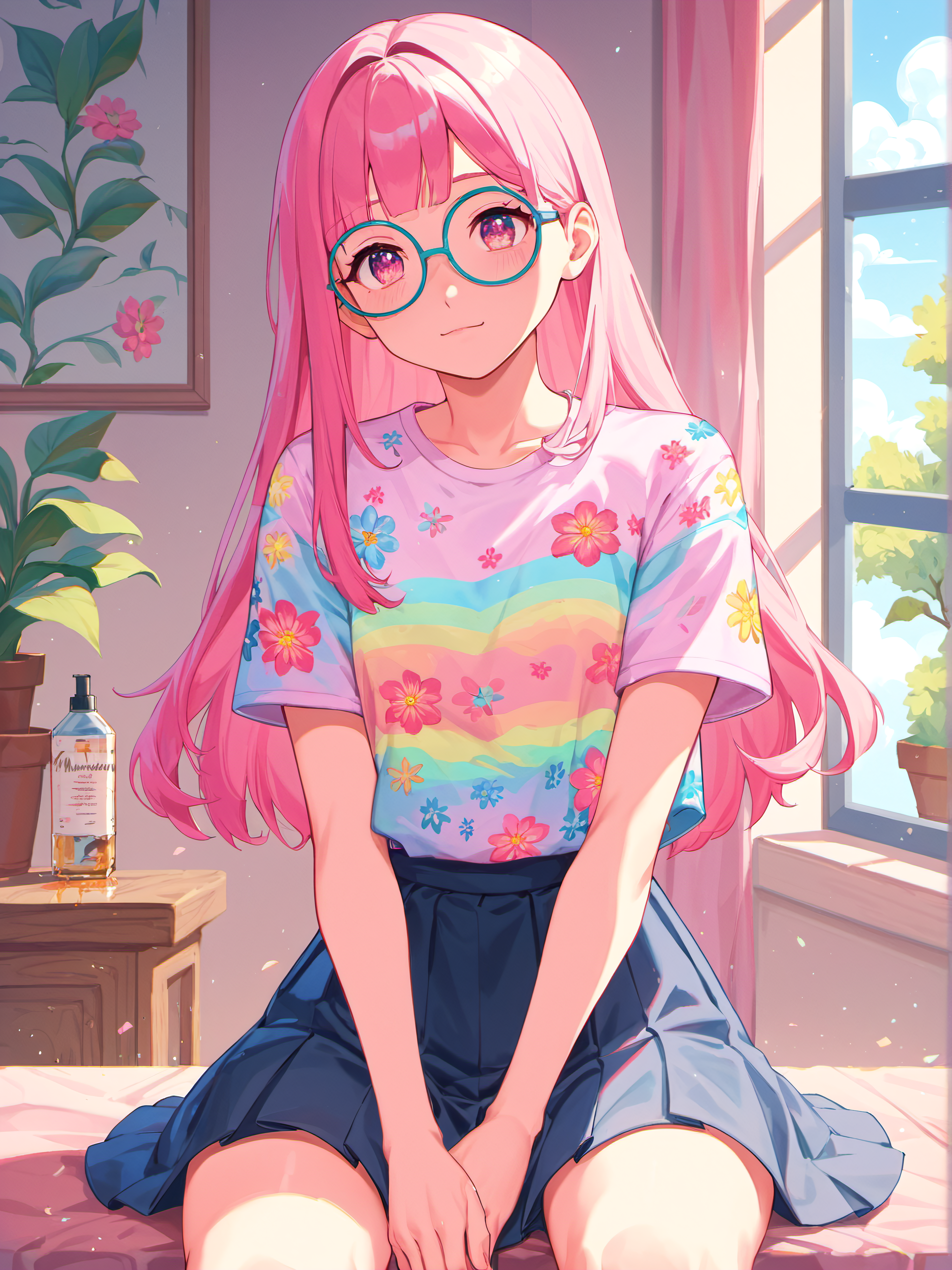 score_9, score_8_up, score_8, score_7_up, score_7, score_6_up, score_6, score_5_up, score_5 masterpiece, best quality, beautiful detailed eyes, ultra-detailed, finely detail, highres, (colorful), (pastel colors), cinematic lighting, solo, (pink haze), (pink filter), (kawaii illustration), floral shirt, skirt, glasses, (oil painting), 1 cute girl, (cute room), sitting, T shirt design, TshirtDesignAF
\\ Made with ONE FOR ALL checkpoint by Chaos Experience @ https://civitai.com/user/ChaosExperience/ \\