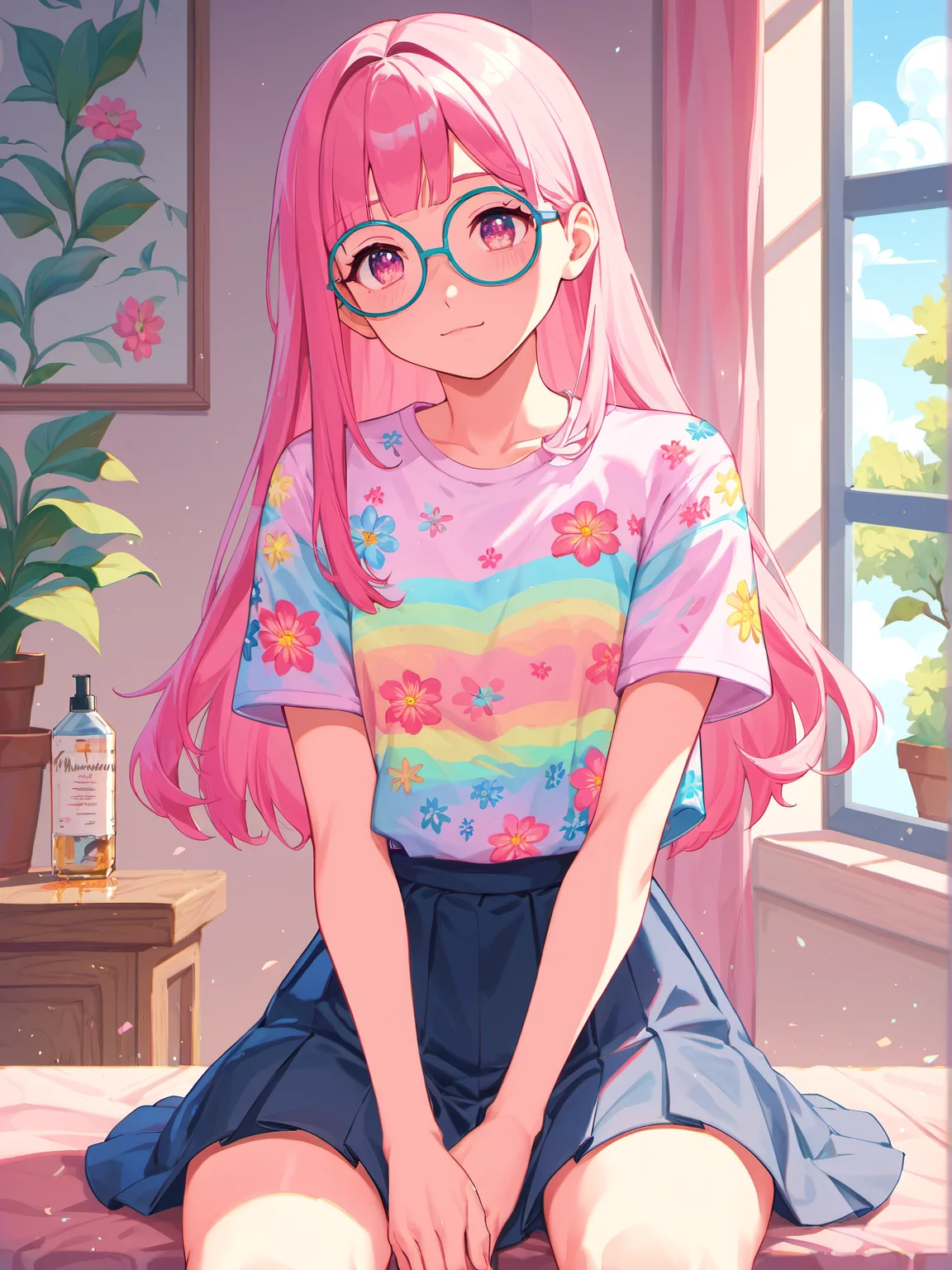 score_9, score_8_up, score_8, score_7_up, score_7, score_6_up, score_6, score_5_up, score_5 masterpiece, best quality, beautiful detailed eyes, ultra-detailed, finely detail, highres, (colorful), (pastel colors), cinematic lighting, solo, (pink haze), (pink filter), (kawaii illustration), floral shirt, skirt, glasses, (oil painting), 1 cute girl, (cute room), sitting, T shirt design, TshirtDesignAF
\\ Made with ONE FOR ALL checkpoint by Chaos Experience @ https://civitai.com/user/ChaosExperience/ \\