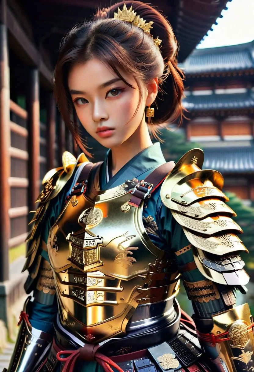 ultra detailed      Masterpiece  8k   ,girl Samurai  complex armor	Multi-layered and large shoulder armor  luster shine  Multilevel  	 black gold 	 	, (beautiful  face)++ 	holdingshe long katanagQkcYR	
Hokusai's Japanese depiction of a very turbulent sea with massive waves. The background s shows a beautiful dark night over a illuminated village. The colors are red and yellow