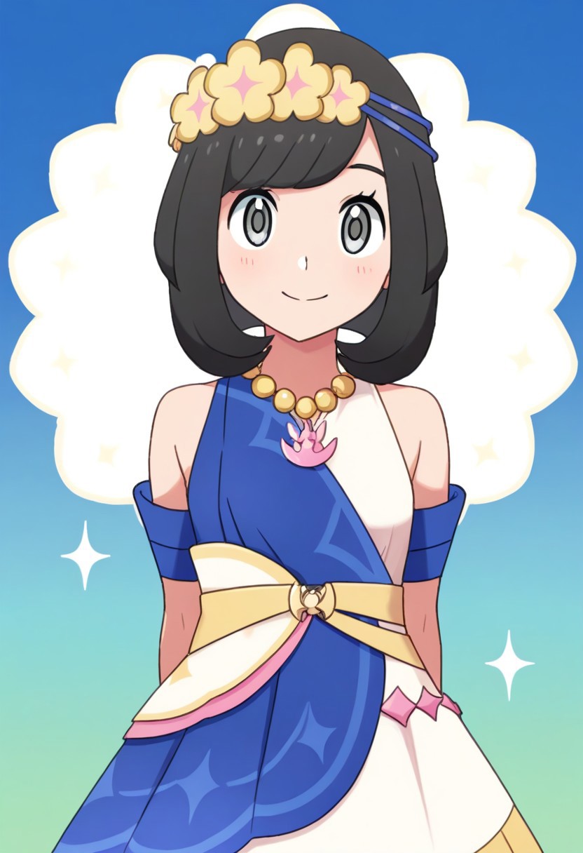 2d, masterpiece, best quality, amazing quality, 1girl, solo, close-up, standing, smile, upper body, leaning_forward, looking at viewer, multicolored background, sparkle, gradient background, colorful background, green background, blue background, ncselene, grey eyes, black hair, short hair, bangs, flower wreath, head wreath, bead necklace, sleeveless dress, blue dress, white dress, bare shoulders, armlet, bracelet