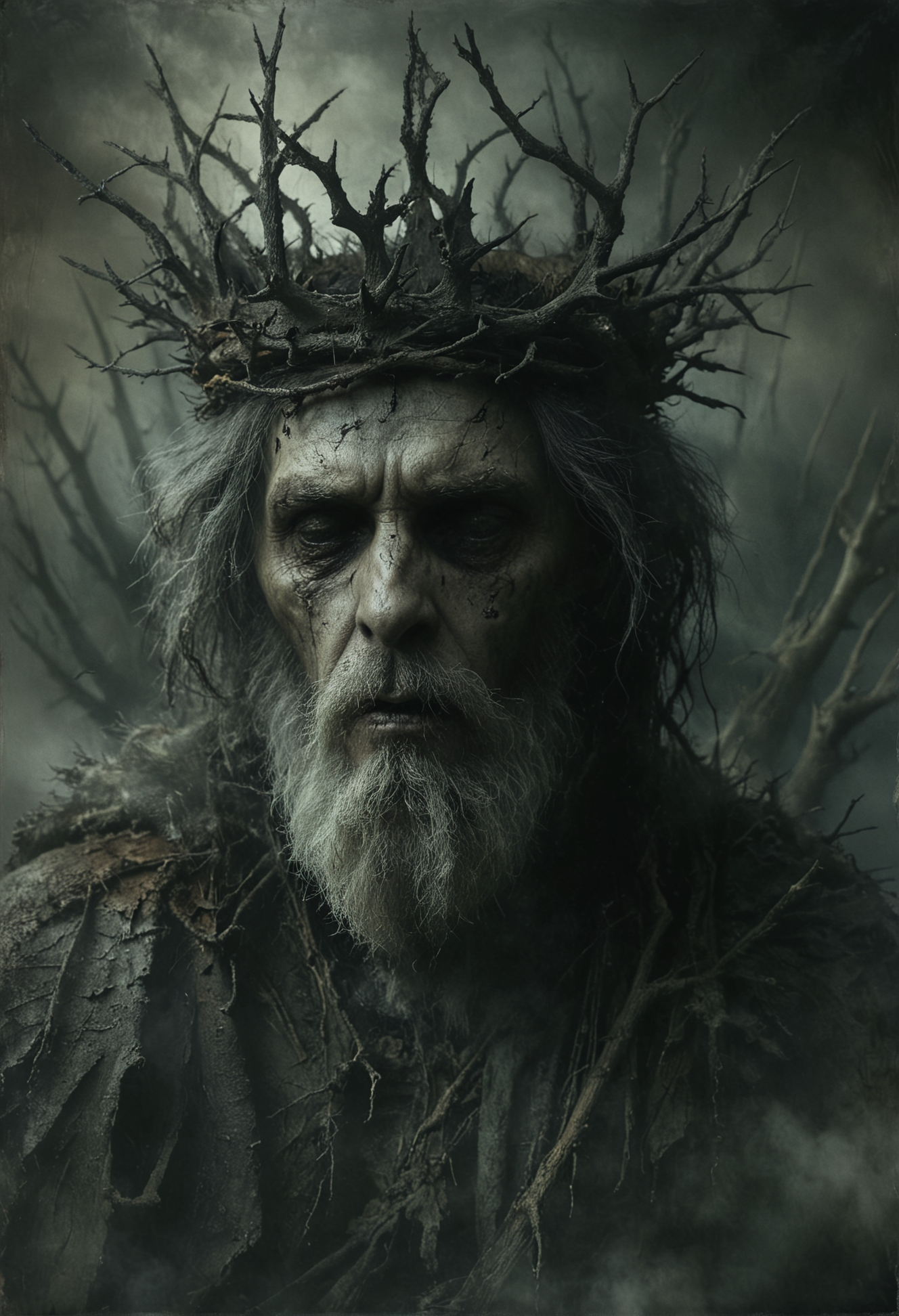 a macabre scene with a lifelike very old and ill king bearing a dark expression, crowned with a jagged, branch-like, thorny crown, partially obscured by mist, all textures suggesting decay and darkness, the kin set against a backdrop of ethereal fog and shadow to enhance its haunting appearance, evoking a sense of solemnity and ancient lore, <lora:NicolaSamori:0.7>, <lora:Desolation:0.3>, <lora:MJ52:0.3>,