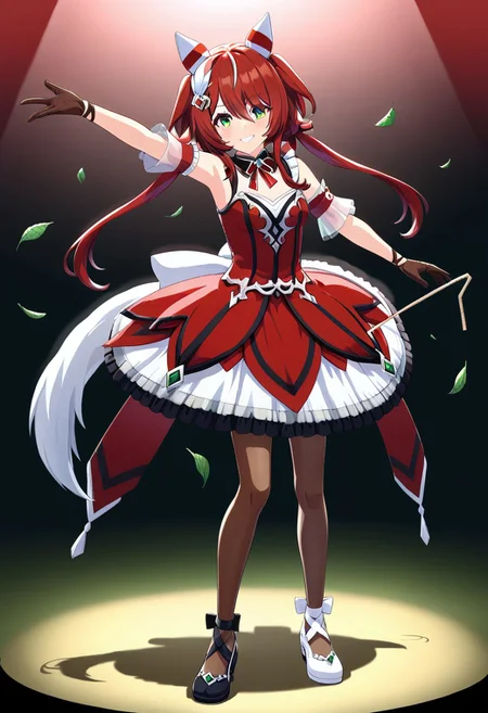 shobufuku, 1girl, solo, long hair, looking at viewer, smile, bangs, gloves, dress, animal ears, hair between eyes, bare shoulders, twintails, green eyes, tail, full body, pantyhose, red hair, black gloves, black pantyhose, red dress, brown gloves, dancing, red spotlight, black footwear, white footwear, mismatch footwear, dynamic pose,
Win Variation-ponyXL_V1,(on ,Straw thread, leaf of strawberry)