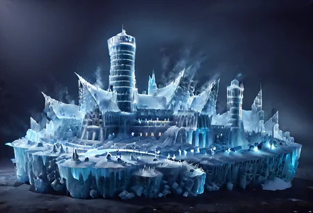 DarkFantasy, ice, ais-icebaby, made of ais-icebaby, dark, chiaroscuro, low-key, ((castle)), 3 towers,towers, kaiyomuseum, night, scenery, water, building, night sky, moon ice, skyscraper, city, city lights, reflection, neon lights, ice_art, ice, matchcraft floating island, sky , star