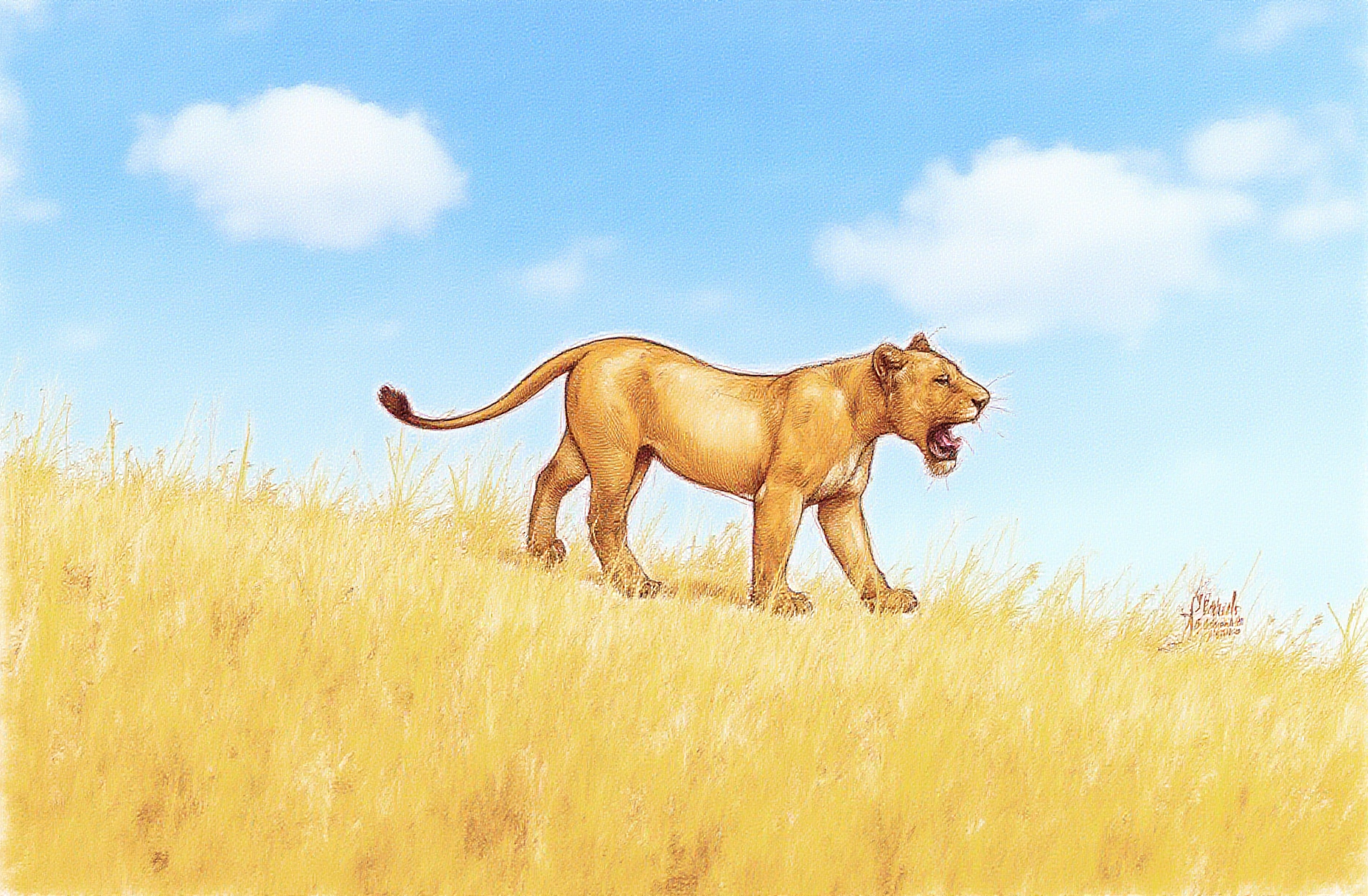 Sharp image of a rough sketch, rendered in vibrant multi colour ballpoint pen, capturing the adorable features of a 3D rendering of a lioness walking on a grassy hill. The lioness is facing towards the right side of the image and appears to be walking with its mouth open, as if it is roaring or roaring. The sky is blue with a few white clouds scattered across it. The grass is tall and golden, and the lioness's fur is a light brown color. The image is taken from a low angle, looking up at the sky.  p3nsk, <lora:p3nsk:1>