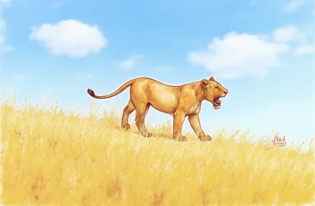 Sharp image of a rough sketch, rendered in vibrant multi colour ballpoint pen, capturing the adorable features of a 3D rendering of a lioness walking on a grassy hill. The lioness is facing towards the right side of the image and appears to be walking with its mouth open, as if it is roaring or roaring. The sky is blue with a few white clouds scattered across it. The grass is tall and golden, and the lioness's fur is a light brown color. The image is taken from a low angle, looking up at the sky.  p3nsk, <lora:p3nsk:1>