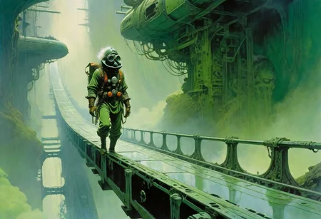 enki bilal, philippe druillet, moebius inspired heavy metal art, A man in a gas mask crosses a bridge, surrounded by death, thick green fog surrounds the man, scary, high detail, 8k, John Berkey Style, <lora:jbs:0.2>