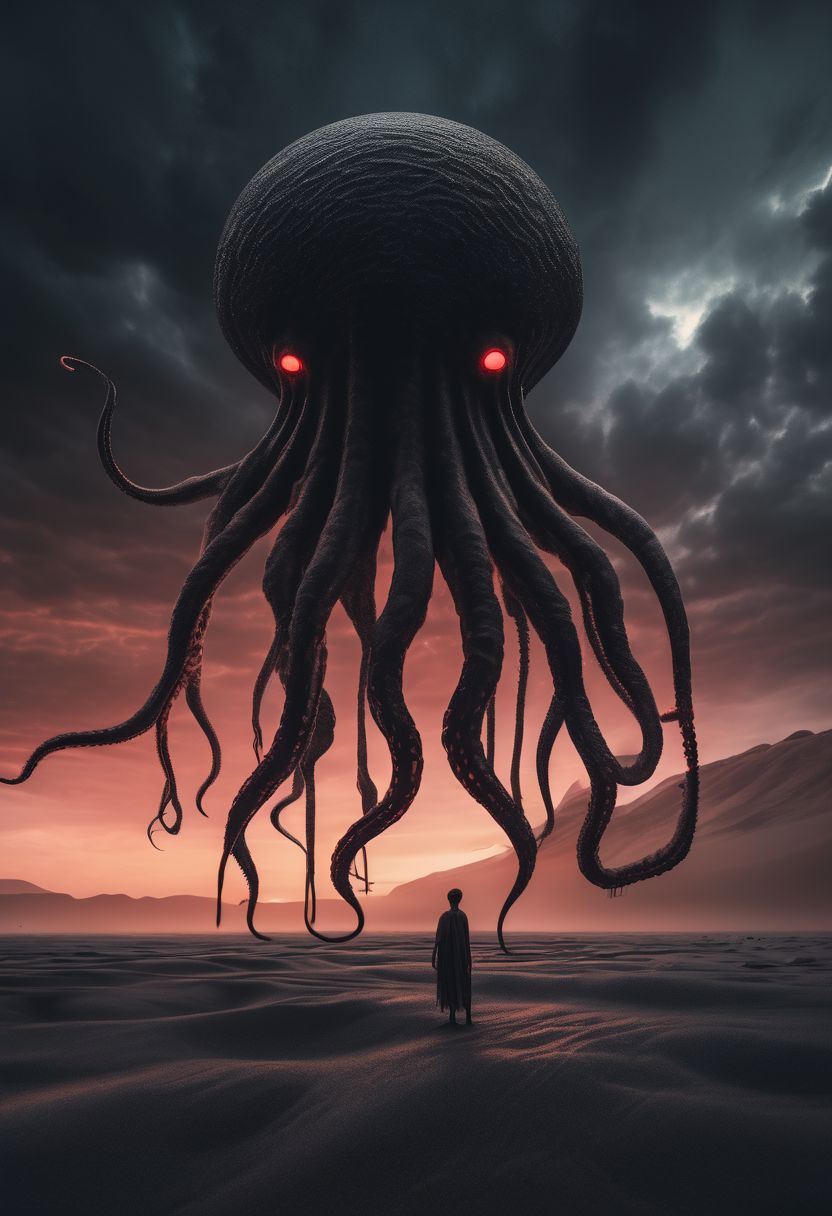 photo of a black sand desert, several giant black otherworldly creatures with cable-like hanging tentacles are floating in the starry sky, a faint red sun barely shines through the cloud cover, highly detailed, cinemascope, moody, epic, photorealistic, color graded cinematic, atmospheric lighting, award winning photo, film grain