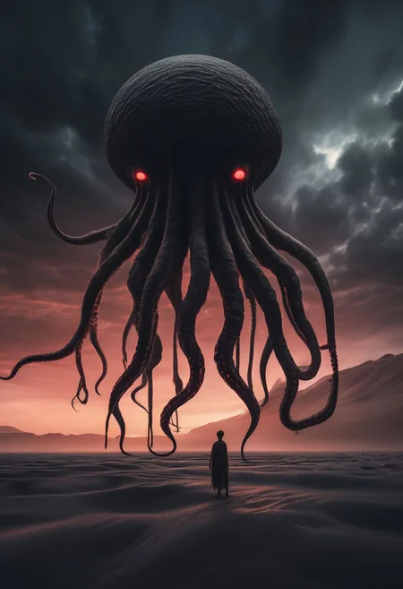 photo of a black sand desert, several giant black otherworldly creatures with cable-like hanging tentacles are floating in the starry sky, a faint red sun barely shines through the cloud cover, highly detailed, cinemascope, moody, epic, photorealistic, color graded cinematic, atmospheric lighting, award winning photo, film grain
