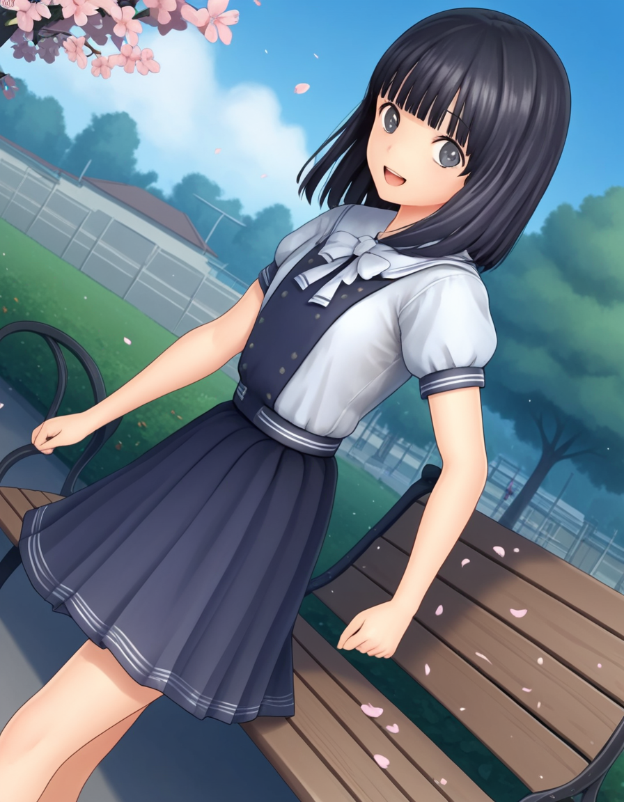 score_9, score_8_up, score_7_up, source_anime, <lora:rinze-himenogi-ingame-ponyxl-lora-nochekaiser:1>, rinze himenogi, bangs, black hair, blunt bangs, black eyes, 3d, skirt, dress, school uniform, short sleeves, puffy sleeves, black dress,, park, cherry blossoms, bench, gentle breeze, peaceful, running, open mouth,, smile, looking at viewer, from side, solo,, dutch angle,