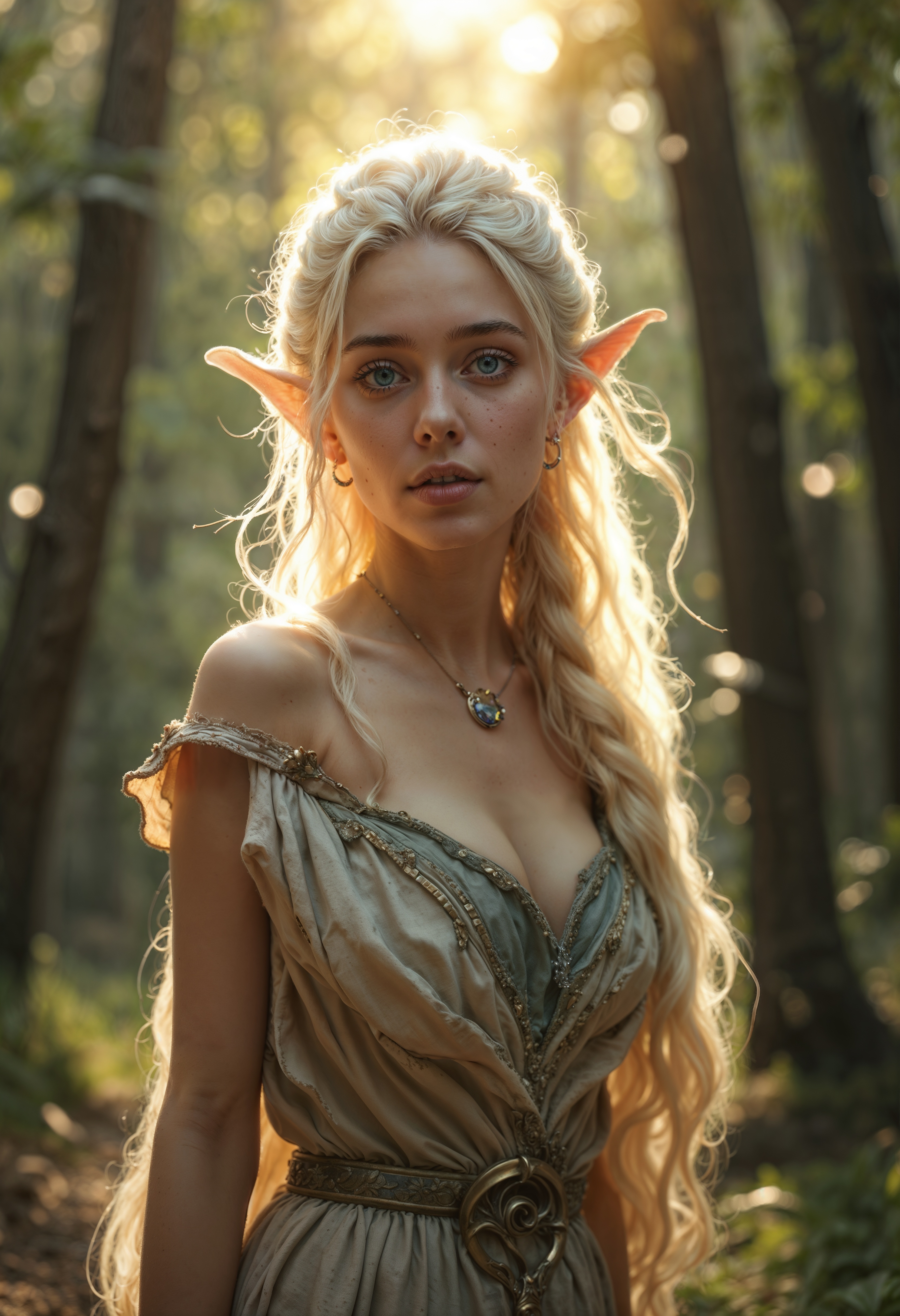 A breathtaking elf, radiant with blonde hair and piercing blue eyes, stands elegantly in a sun-dappled forest clearing. This enchanting portrait captures the ethereal beauty of the subject, her delicate features illuminated by the soft glow of the setting sun. Every detail, from the intricate braids in her hair to the delicate swirls of her elven attire, is rendered with exquisite precision. The image exudes a sense of charm and grace, transporting viewers to a world of fantasy and wonder.