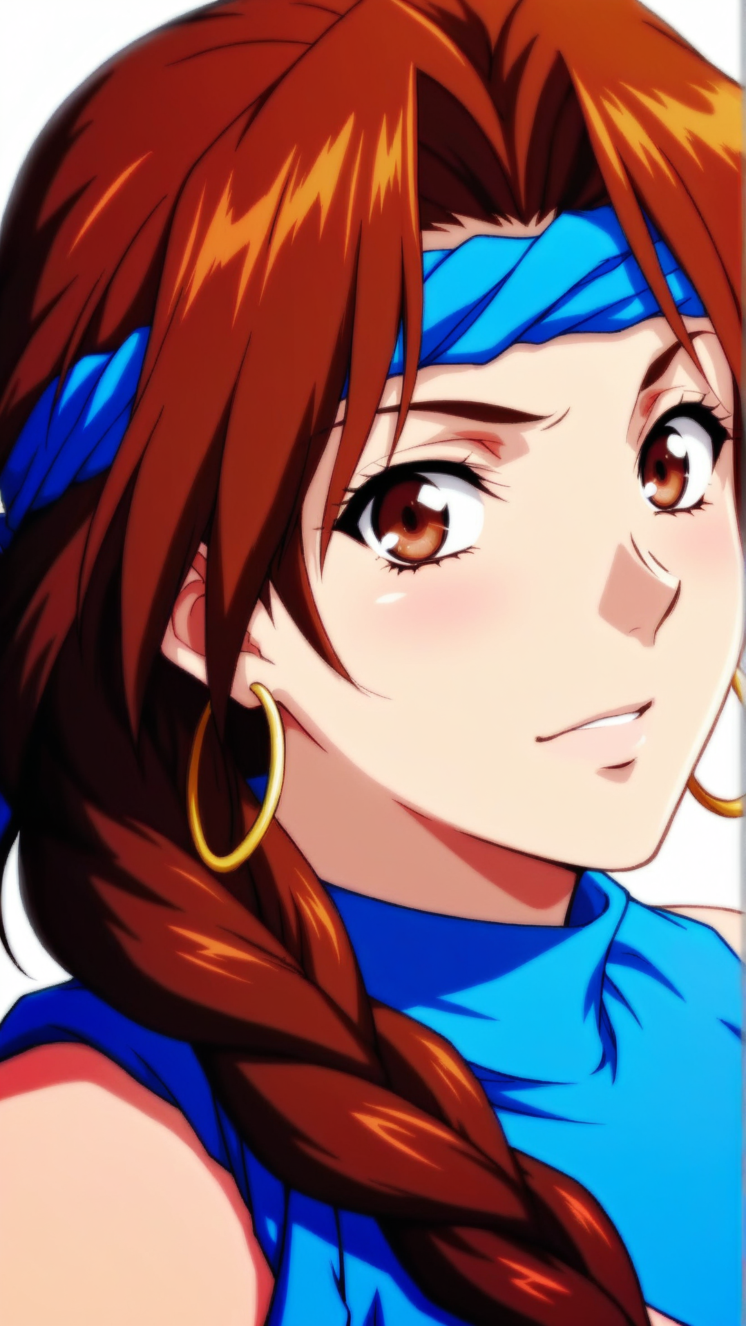 source_anime, general, best quality, masterpiece, 1girl,  <lora:Rebecca_Turner_ill_v1.0:1> rebecca_turner\(srw\),brown eyes, brown hair, braid,single braid,jewelry,long hair, hoop earrings, hair over shoulder, blue headband, bandana,