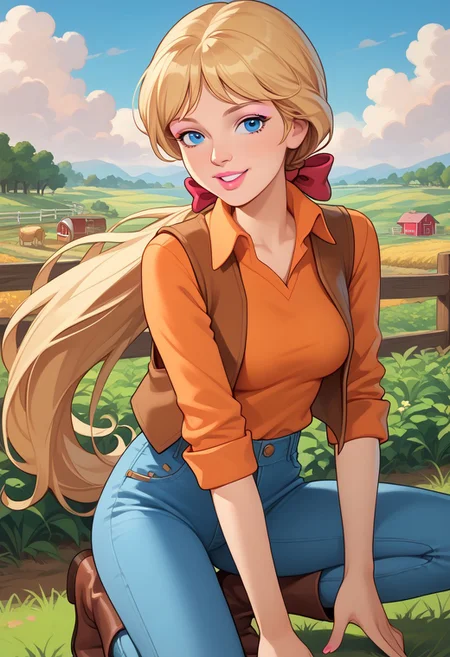 score_9, score_8_up, score_7_up, 1girl, solo, looking at the viewer, megan williams, (adult body:1.2), slim body, medium round breasts, blonde hair, long hair, low ponytail, blue eyes, , makeup, eyeliner, pink eyeshadow, pink lipstick, cheerful, orange shirt, brown vest, blue pants, denim, brown boots, red bow, posing sensually, outdoors, farm field, early afternoon, clouds in the sky