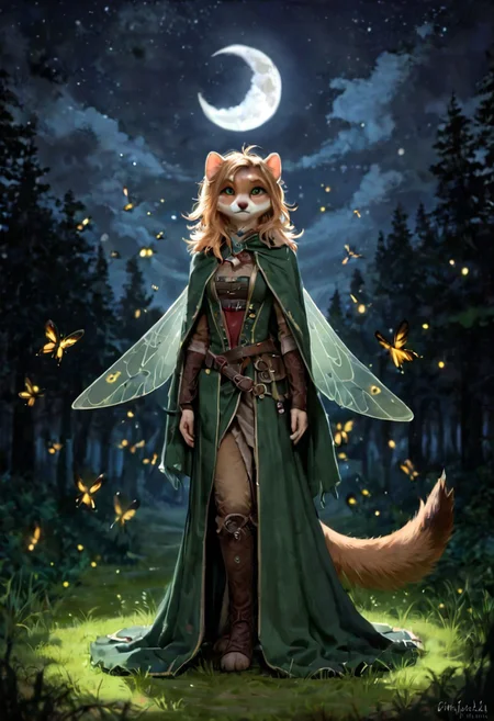 score_9, score_8_up, score_7_up, score_6_up, solo, stoat, beige fur, freckles, fantasy clothes, green clothes, blond hair, green cape, female, forest background, lush field background, field, weasel, green eyes, fullbody, bright hair, ((night, dark, moon, blue sky)), ((fireflies)), dark fantasy style