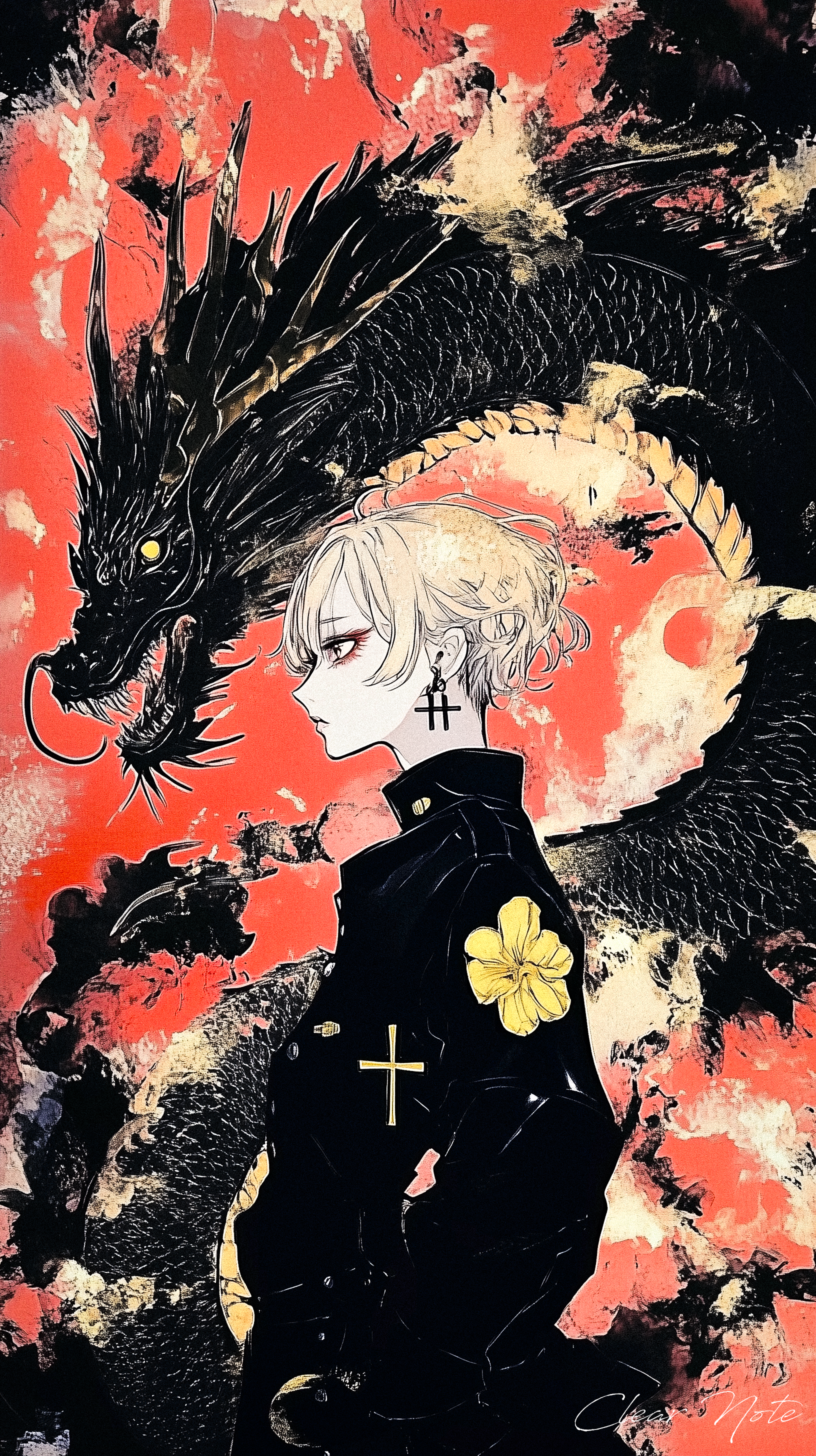 Japanese anime art style, Ukiyo-e, A solitary girl with short pink hair stands confidently against a bold red background. A black cross is etched on her cheek, adorned with cross earrings and additional piercings. Her black military uniform features yellow flower embroidery, and black gloves complete her look. Her sharp gaze and scarred face reflect strength and resilience. Behind her looms a massive, mythical Japanese dragon, its towering presence casting a powerful shadow. The fusion of modern military style and ancient mysticism creates an intense atmosphere of fierce elegance and otherworldly power.