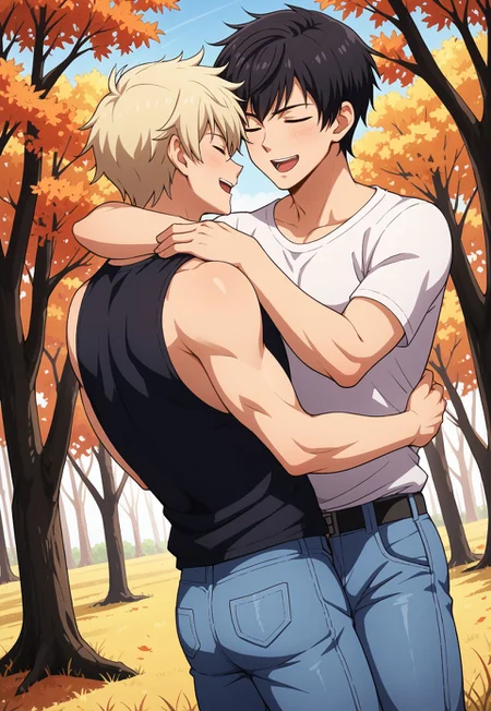 correct arms, score_9, score_8_up, score_7_up, source_anime, cowboy shot, 2boys, male focus, rear view, BREAK, ( ein_dalton, eyes closed, black hair, ) is hugging ( hush_middy, eyes closed, light blond hair, 2 full arms, ), looking at each other, laughing, mouth open, jeans, BREAK, autumn forest, leaves falling, leaves in air, grass, trees, light blue sky, lens flare,