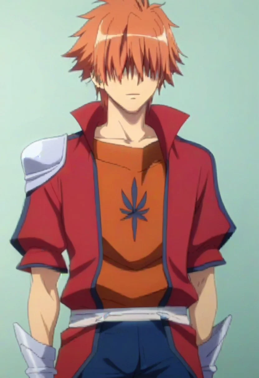 ((masterpiece)), ((best quality)), ((ultra-detailed)), score_9_up, score_8_up, score_7_up, HD, top quality, best quality, High-quality illustrations, anime screencap, perfect anatomy, 1boy, 1male, male anime character, anime boy, solo male, male focus, Ryuuto Henge, orange hair, long bangs, hidden eyes, long red jacket, orange shirt, silver arm gauntlets, blue pants, silver boots, lean body, slender body, slim body, tall, tall body, tall height
