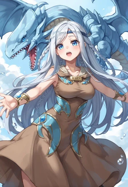(score_9:0.9),score_8_up,score_7_up,rating_explicit,(zPDXL),(zPDXL3),
<lora:Maiden with Eyes of Blue PonyXL v1.2:0.71>,maiden with eyes of blue,blue eyes white dragon,1girl,dragon,open mouth,outstretched arms,brown dress,brown circlet,flying,