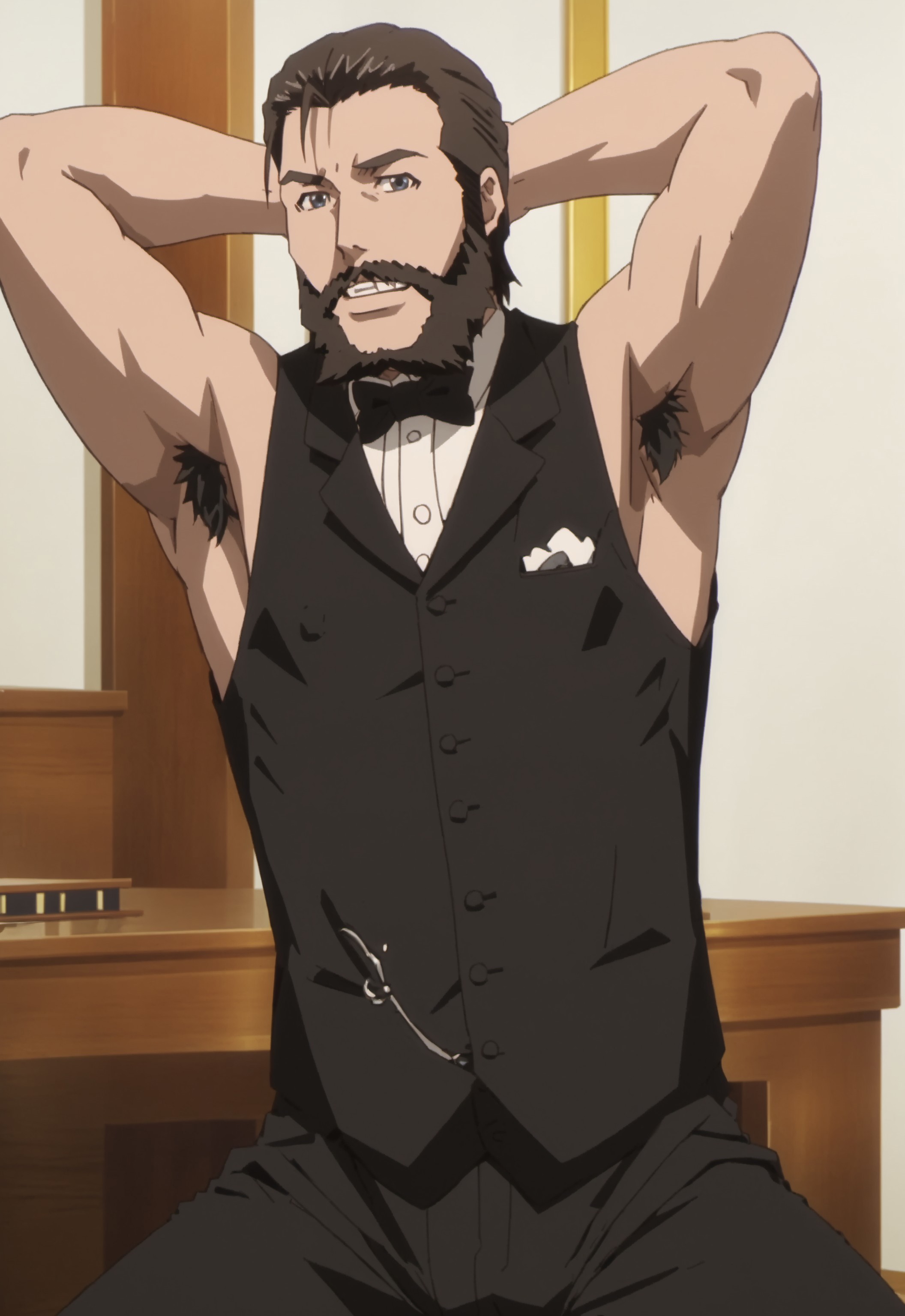 safe_pos, safe_pos, score_9, score_8_up, rating_nsfw, ultra hd, absurdres, best quality, best aesthetic, masculine, hand with five fingers, solo, 1boy, male focus, perfect proportions, erotic, mature male, Expressiveh, WolfConF,

TTSGraham, facial hair, beard, black hair, bowtie, formal, shirt, vest, anime screencap, looking at viewer, grinning, sitting down, bulge, hands behind head, nipple outline, teeth