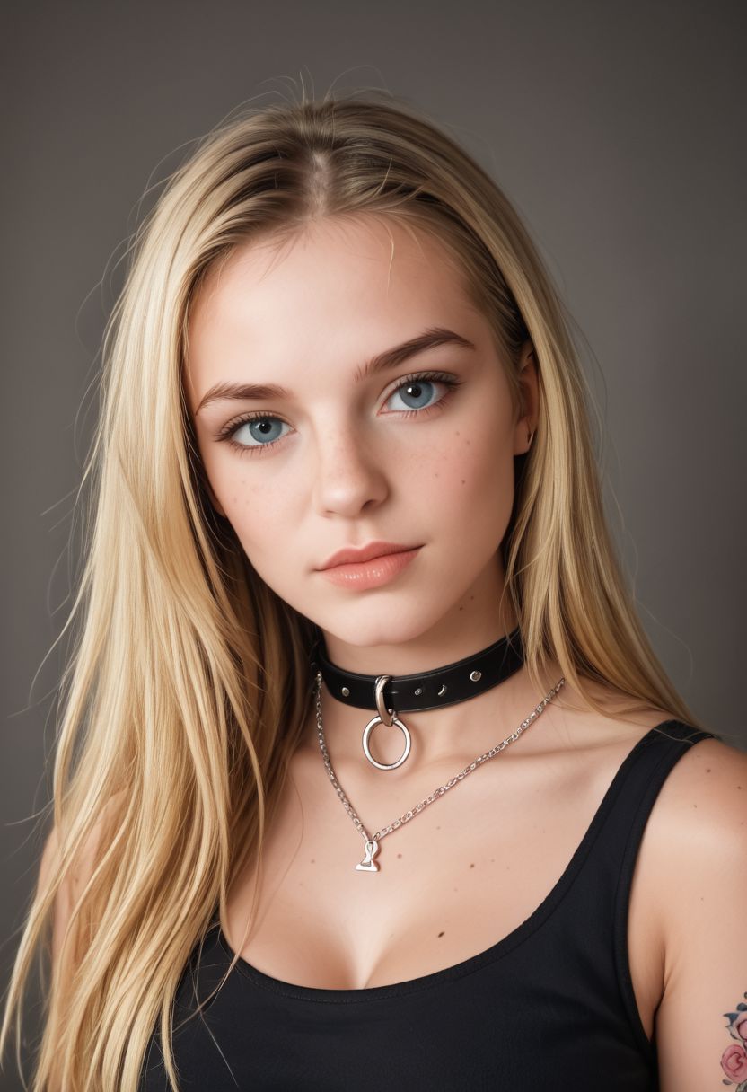 Upper body of a gothic girl, Bestface1, Bestbody1, 
 wearing black, blonde  hair with bangs,  long hair,  blonde hair, storm clouds, whimsical charm, ethereal glow, tack sharp focus on eyes, large breast, 
wearing a sleevless shirt,  unblemished skin, pore correlation, (((colorful tattoos))), necklace,collar,chain,
hyperdetailed,epiCRealism, vibrant color,amazing quality, masterpiece, best quality, hyper detailed, ultra realistic lighting, UHD, soft shadows, high Dynamic,alluring, seductive,  dark dreams, from side,SkinHairDetail,posing, Freckles, Natural skin, Beuty , 1dk, portrait, d3t41l3d