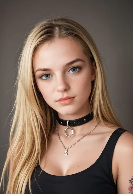 Upper body of a gothic girl, Bestface1, Bestbody1,
wearing black, blonde hair with bangs, long hair, blonde hair, storm clouds, whimsical charm, ethereal glow, tack sharp focus on eyes, large breast,
wearing a sleevless shirt, unblemished skin, pore correlation, (((colorful tattoos))), necklace,collar,chain,
hyperdetailed,epiCRealism, vibrant color,amazing quality, masterpiece, best quality, hyper detailed, ultra realistic lighting, UHD, soft shadows, high Dynamic,alluring, seductive, dark dreams, from side,SkinHairDetail,posing, Freckles, Natural skin, Beuty , 1dk, portrait, d3t41l3d