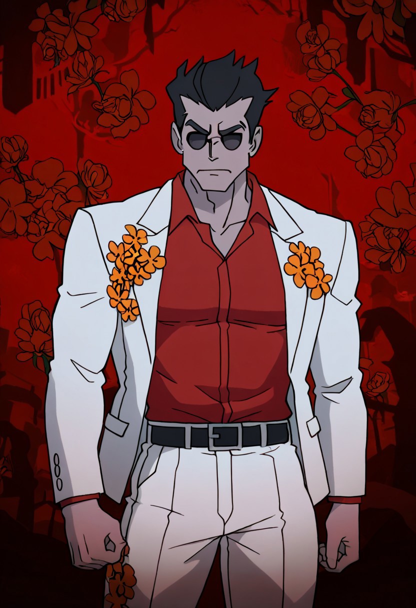 masterpiece, best quality, newest, absurdres, highres,  DevManV1.0-IL, 1boy, helltaker \(helltaker\), black hair, short hair, muscular, muscular male,
sunglasses, glasses, 
white jacket, white pants, black belt, red shirt, formal clothes, flower in clothes, open jacket