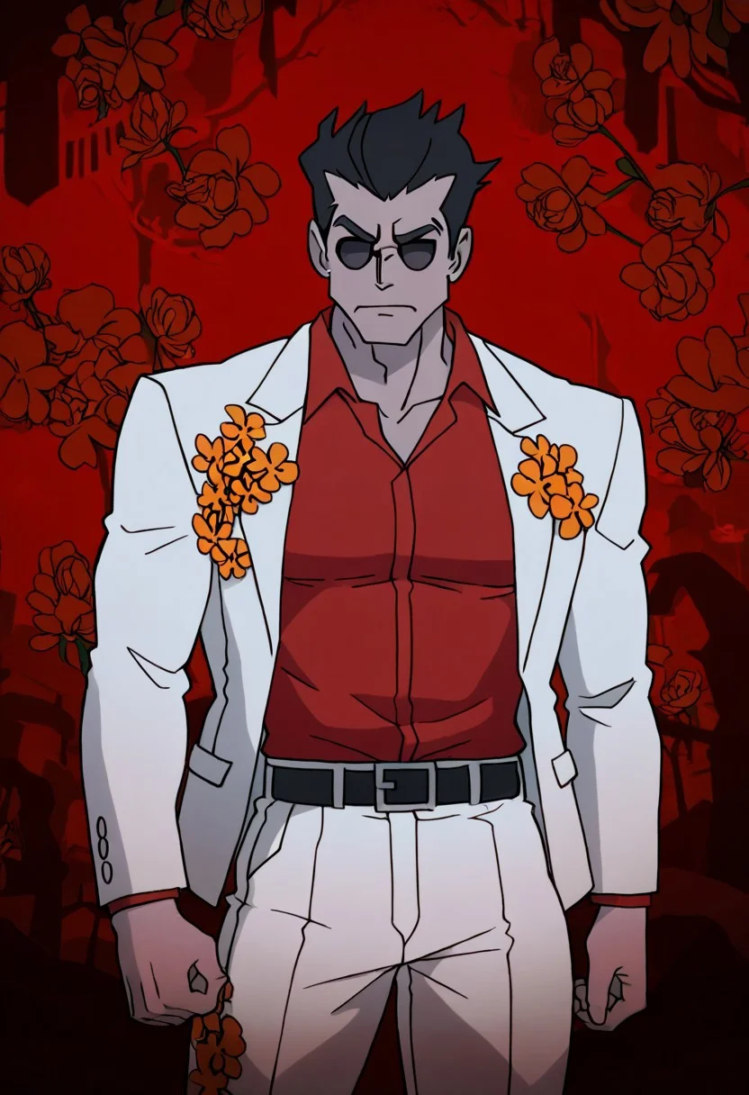masterpiece, best quality, newest, absurdres, highres, DevManV1.0-IL, 1boy, helltaker \(helltaker\), black hair, short hair, muscular, muscular male,
sunglasses, glasses,
white jacket, white pants, black belt, red shirt, formal clothes, flower in clothes, open jacket