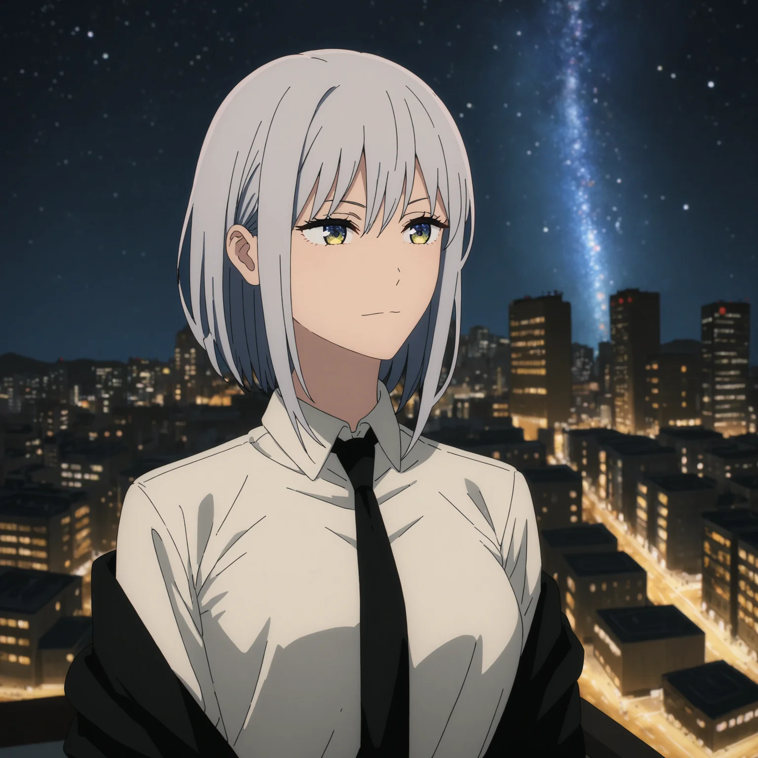 masterpiece, high-resolution, city, starry night, 1 girl, white shirt, collared shirt, black suit, black tie, csm art-style, <lora:csm-artstyle:0.7>