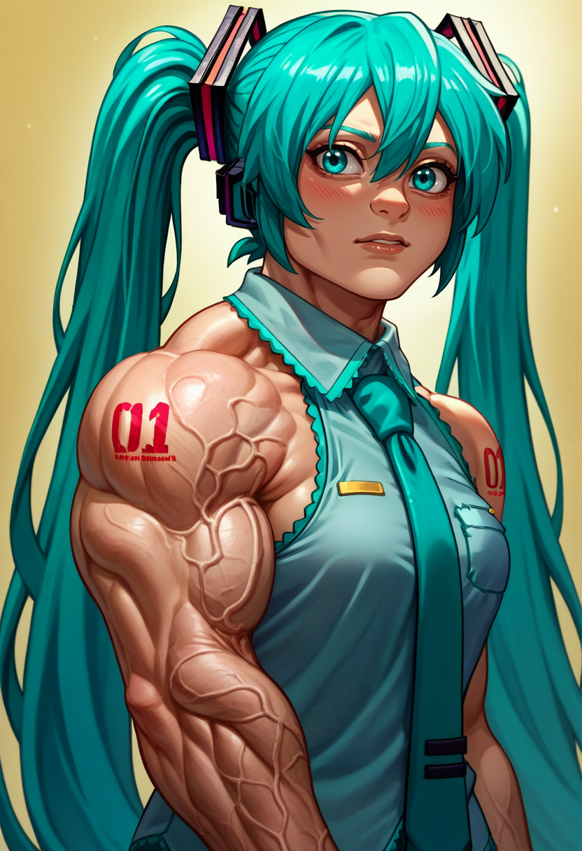 score_9, score_8_up, score_7_up, coomer, uneven muscles, 1girl, muscular, veins, veiny arms, cowboy shot, short hair, biceps, sidepec, <lora:Coomer_pdxl_Incrs_v1:1>, hatsune miku, long hair, twintails,