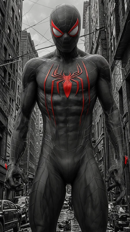 An Amazing art Project of Spideman, (sharp), (detailed blades), (HDR), (8K), (best quality), (best resolution), maximalist, (masterpiece), rough lines, by pencil and ink, crosshatching, Painstaking Attention To Detail, <lora:Black__White_One_Accent_Color_-_By_Dice:1>, (Black and white image, Red Accent)