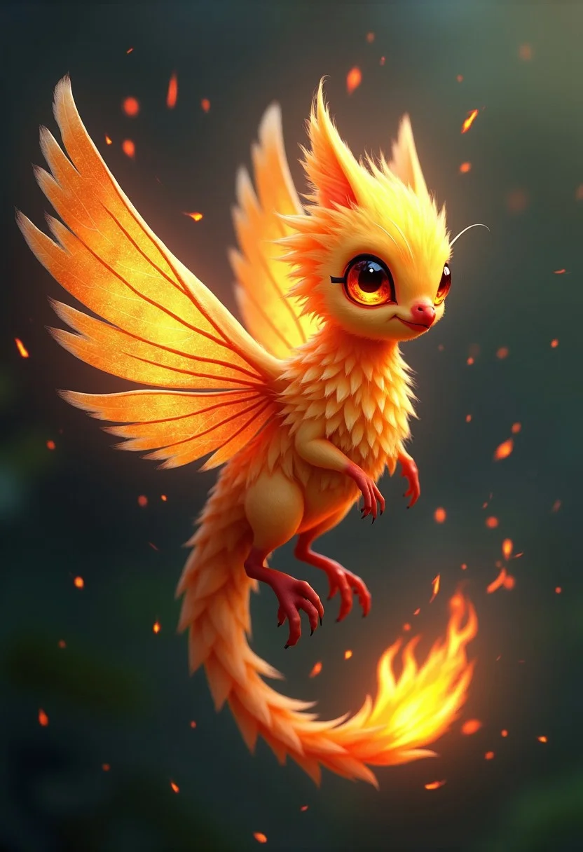 Envision a small, fiery companion that combines the traits of an insect and a phoenix. It has delicate, iridescent wings like those of a dragonfly, with a fiery glow radiating from the tips. Its body is sleek and bird-like, covered in tiny, ember-like feathers that shimmer with heat. The creature’s eyes are bright orange, flickering like flames, and its tail is long and segmented, ending in a tiny burst of fire. It can flit quickly through the air, leaving a trail of sparks behind, and its chirps sound like crackling embers, embodying both beauty and power.